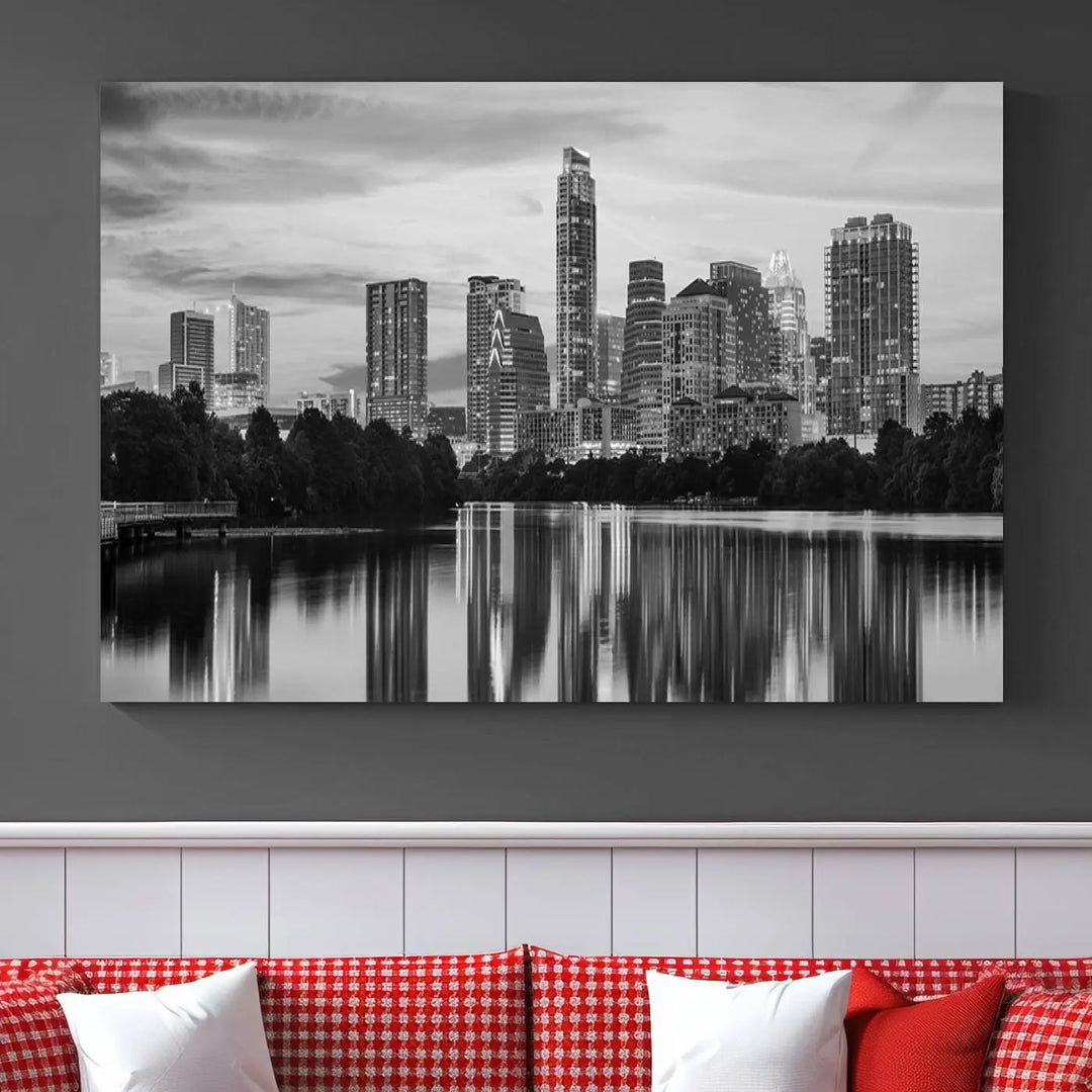 The wall in this modern living room features an "Austin City Cloudy Skyline Black and White Wall Art Cityscape Canvas Print," offering a museum-quality depiction.