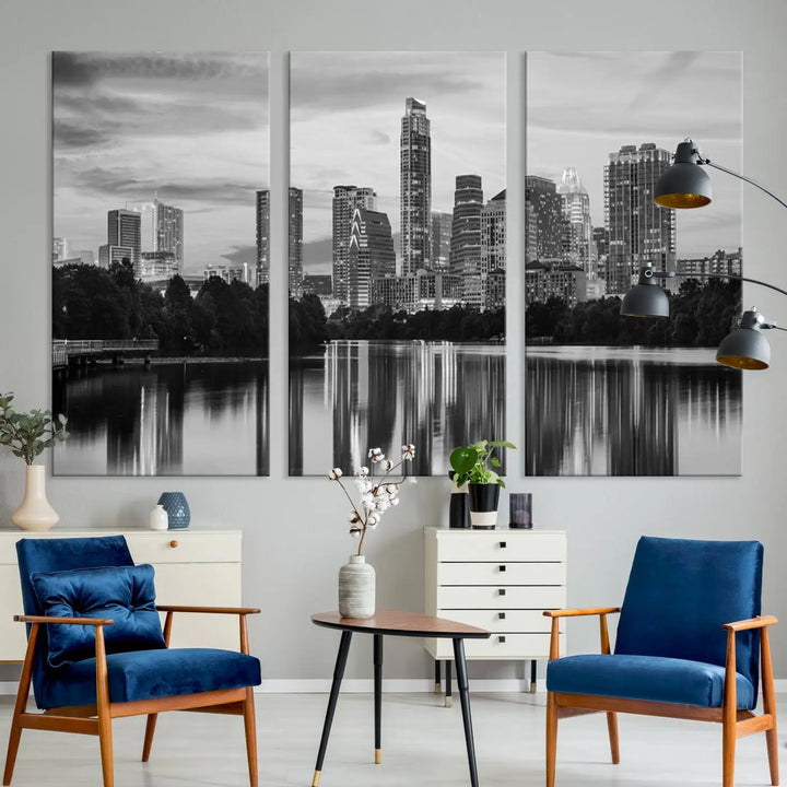 The wall in this modern living room features an "Austin City Cloudy Skyline Black and White Wall Art Cityscape Canvas Print," offering a museum-quality depiction.