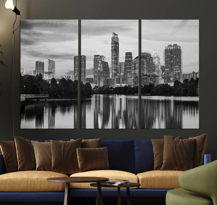 The wall in this modern living room features an "Austin City Cloudy Skyline Black and White Wall Art Cityscape Canvas Print," offering a museum-quality depiction.