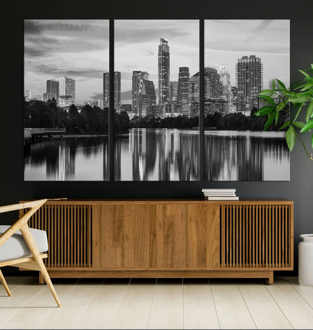 The wall in this modern living room features an "Austin City Cloudy Skyline Black and White Wall Art Cityscape Canvas Print," offering a museum-quality depiction.