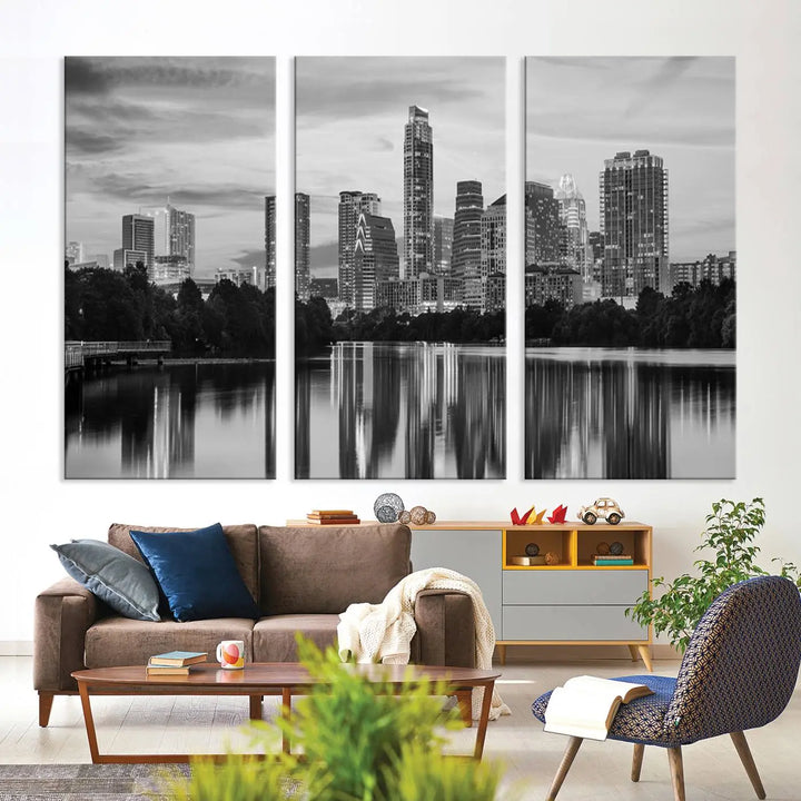 The wall in this modern living room features an "Austin City Cloudy Skyline Black and White Wall Art Cityscape Canvas Print," offering a museum-quality depiction.