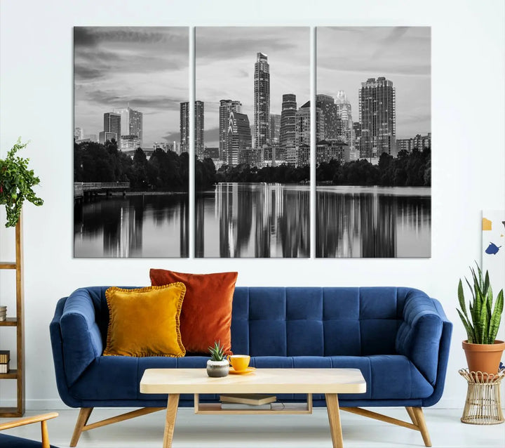 The wall in this modern living room features an "Austin City Cloudy Skyline Black and White Wall Art Cityscape Canvas Print," offering a museum-quality depiction.