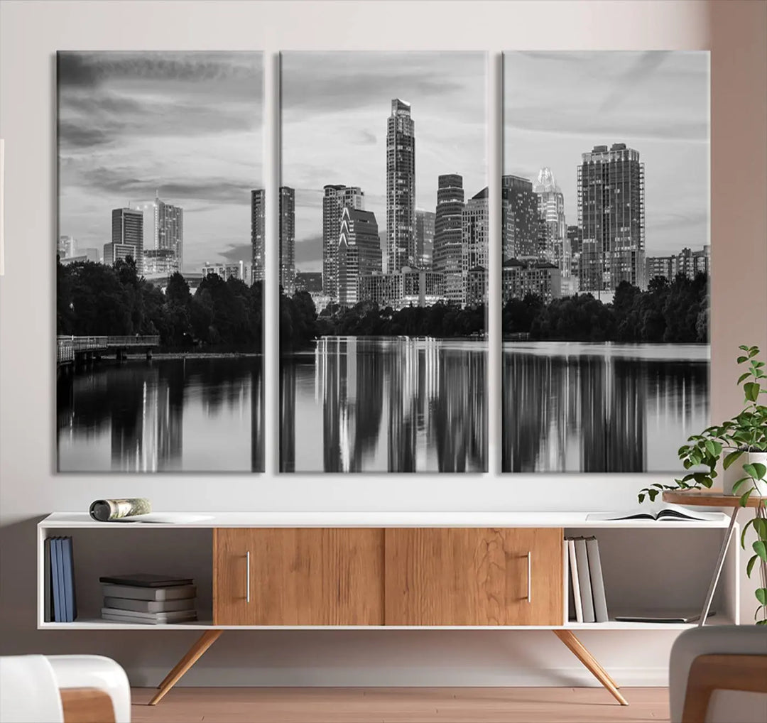 The wall in this modern living room features an "Austin City Cloudy Skyline Black and White Wall Art Cityscape Canvas Print," offering a museum-quality depiction.