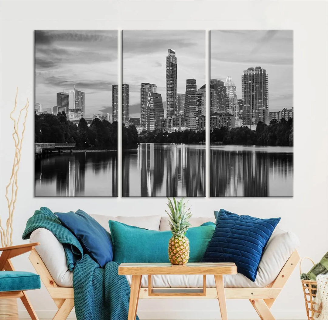 The wall in this modern living room features an "Austin City Cloudy Skyline Black and White Wall Art Cityscape Canvas Print," offering a museum-quality depiction.