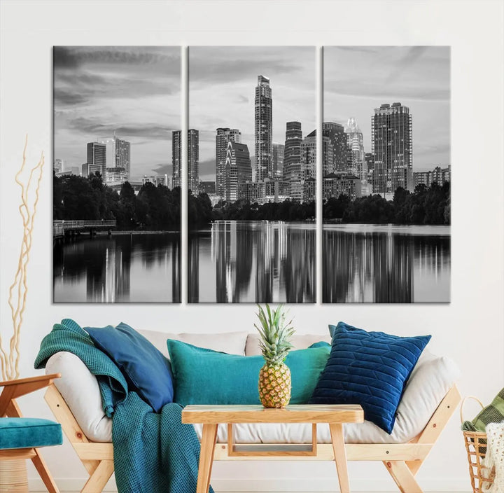 The wall in this modern living room features an "Austin City Cloudy Skyline Black and White Wall Art Cityscape Canvas Print," offering a museum-quality depiction.