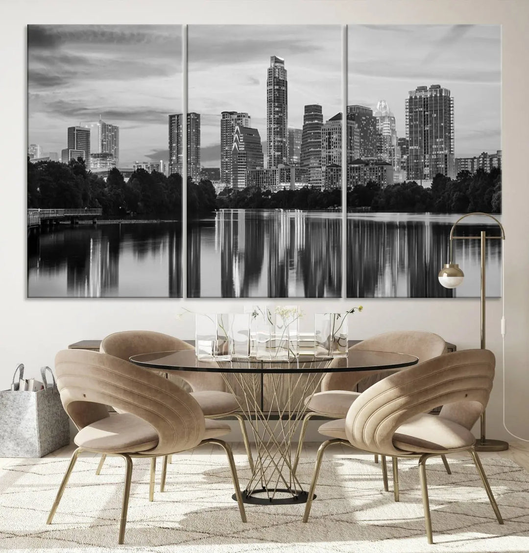 The wall in this modern living room features an "Austin City Cloudy Skyline Black and White Wall Art Cityscape Canvas Print," offering a museum-quality depiction.