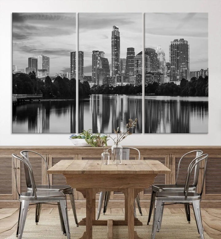 The wall in this modern living room features an "Austin City Cloudy Skyline Black and White Wall Art Cityscape Canvas Print," offering a museum-quality depiction.