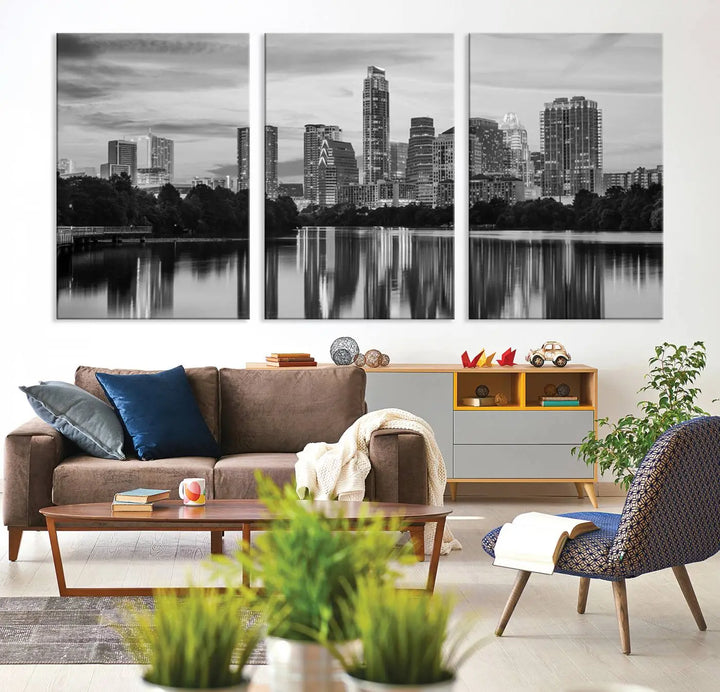 The wall in this modern living room features an "Austin City Cloudy Skyline Black and White Wall Art Cityscape Canvas Print," offering a museum-quality depiction.