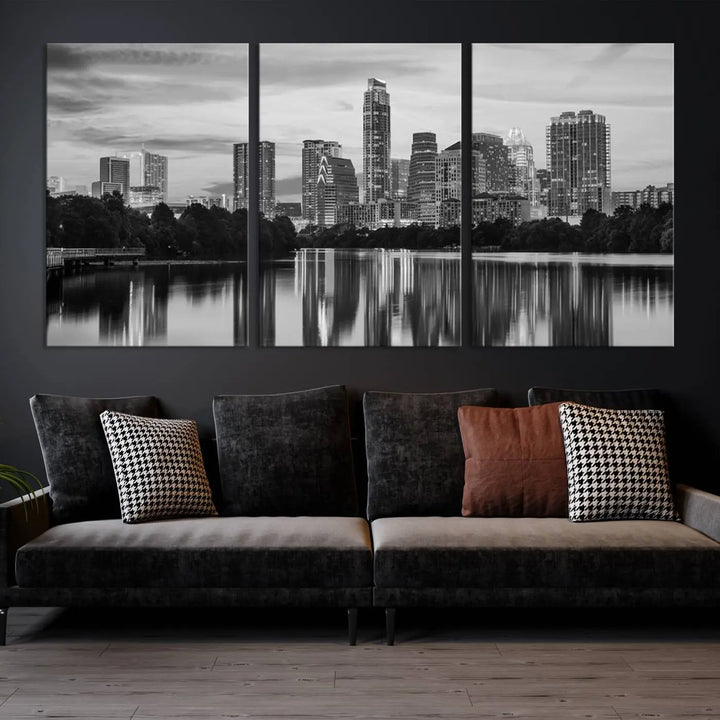 The wall in this modern living room features an "Austin City Cloudy Skyline Black and White Wall Art Cityscape Canvas Print," offering a museum-quality depiction.