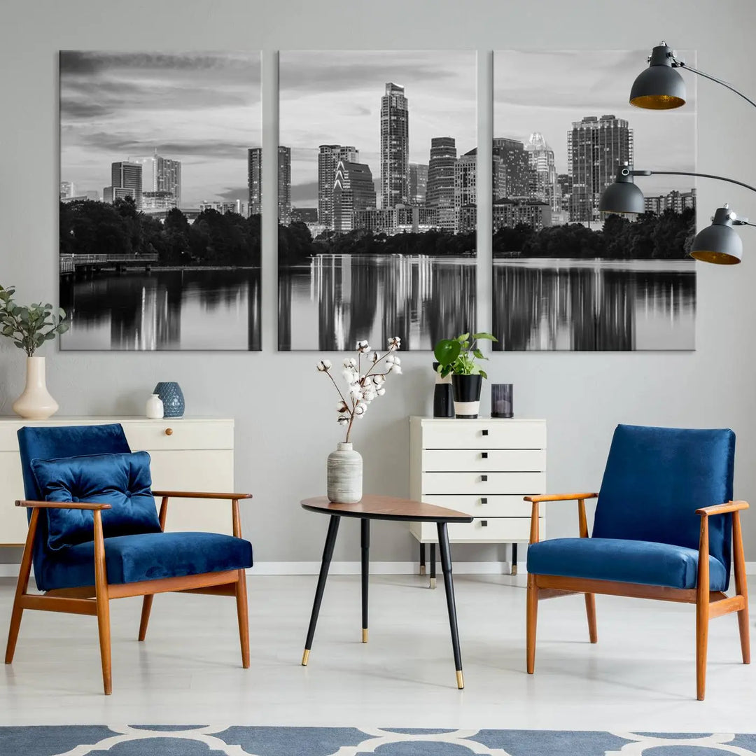 The wall in this modern living room features an "Austin City Cloudy Skyline Black and White Wall Art Cityscape Canvas Print," offering a museum-quality depiction.