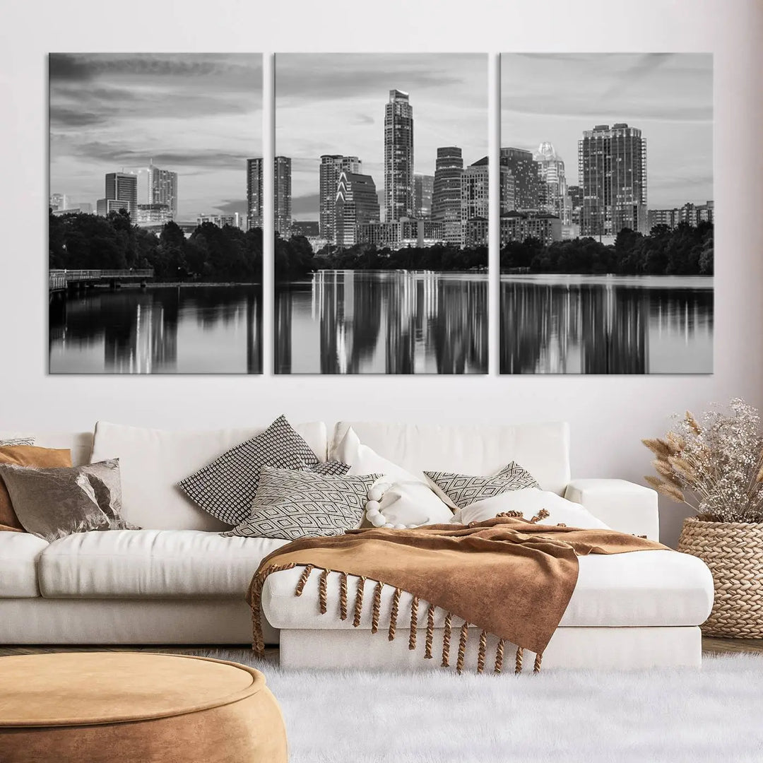 The wall in this modern living room features an "Austin City Cloudy Skyline Black and White Wall Art Cityscape Canvas Print," offering a museum-quality depiction.