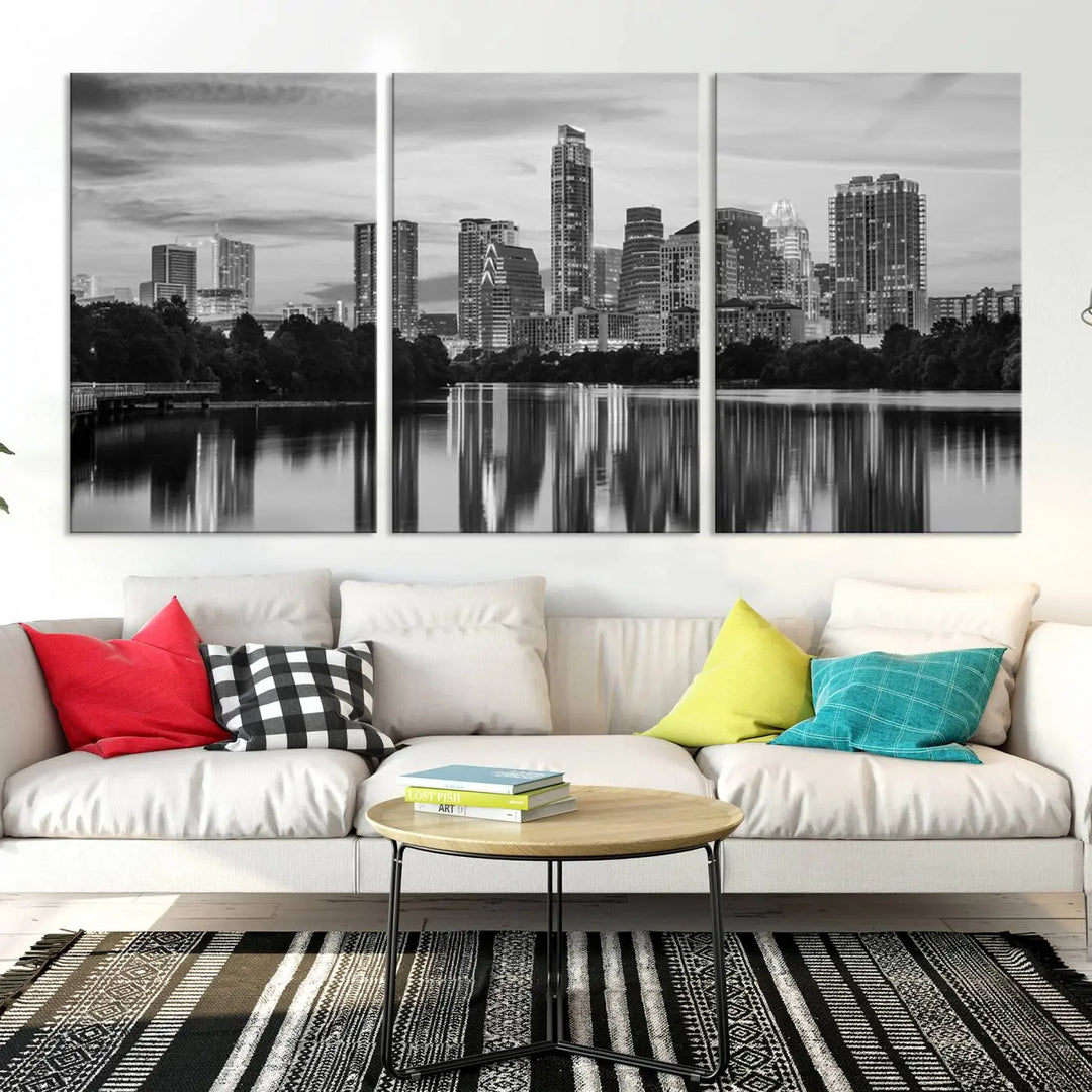 The wall in this modern living room features an "Austin City Cloudy Skyline Black and White Wall Art Cityscape Canvas Print," offering a museum-quality depiction.