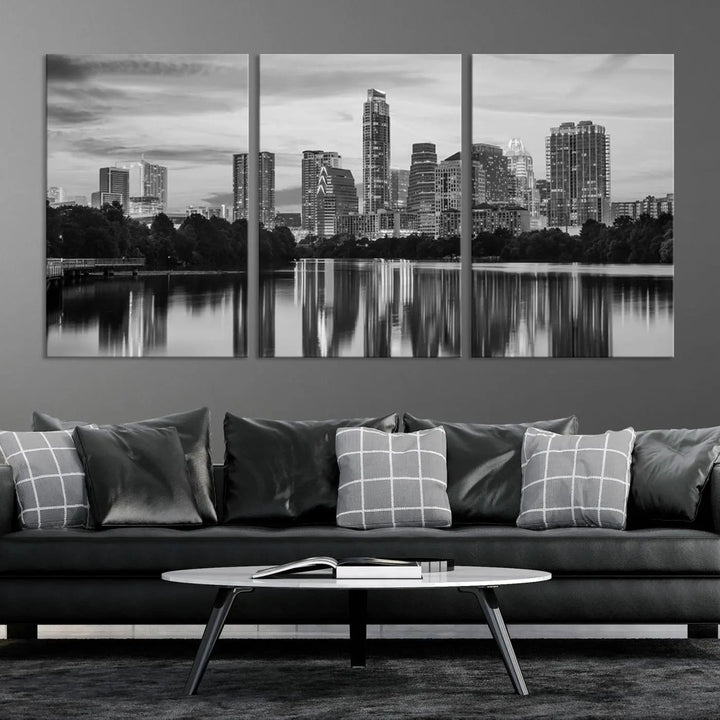 The wall in this modern living room features an "Austin City Cloudy Skyline Black and White Wall Art Cityscape Canvas Print," offering a museum-quality depiction.