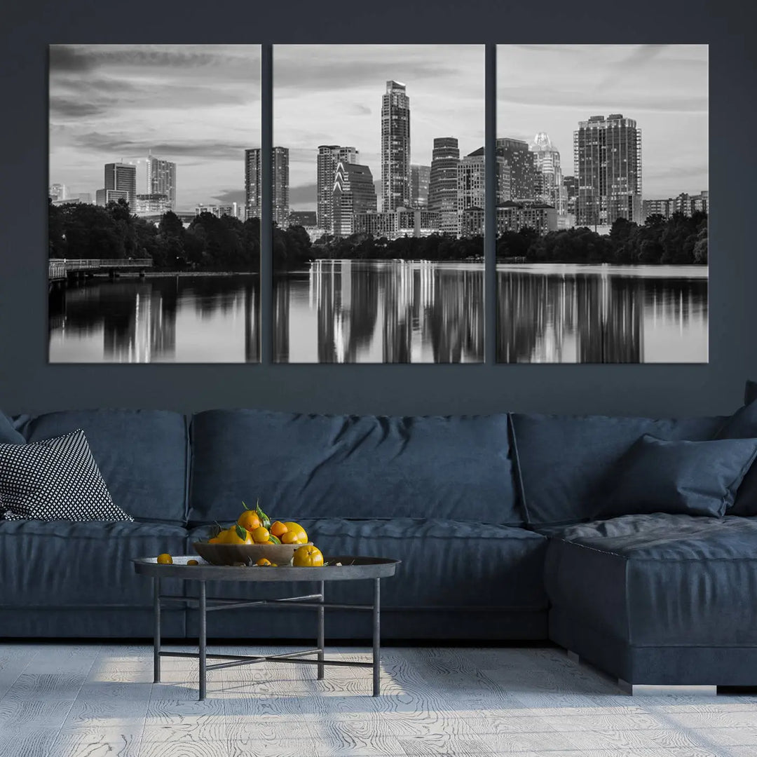 The wall in this modern living room features an "Austin City Cloudy Skyline Black and White Wall Art Cityscape Canvas Print," offering a museum-quality depiction.