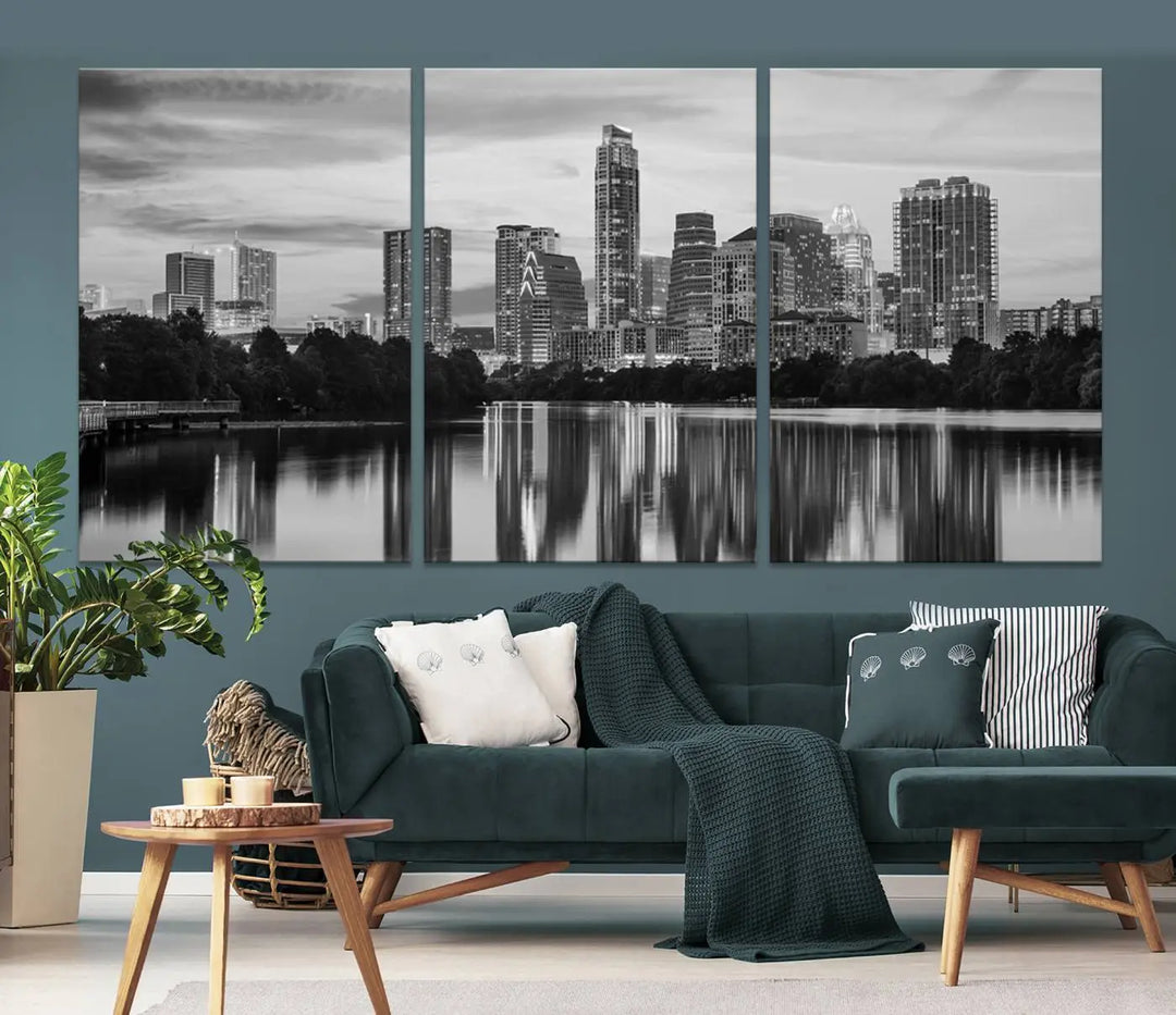 The wall in this modern living room features an "Austin City Cloudy Skyline Black and White Wall Art Cityscape Canvas Print," offering a museum-quality depiction.