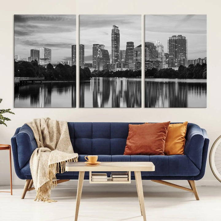 The wall in this modern living room features an "Austin City Cloudy Skyline Black and White Wall Art Cityscape Canvas Print," offering a museum-quality depiction.