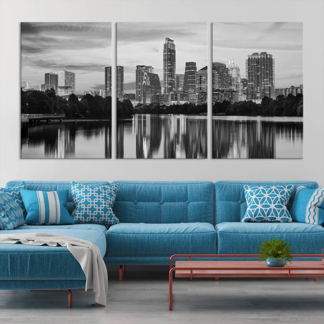 The wall in this modern living room features an "Austin City Cloudy Skyline Black and White Wall Art Cityscape Canvas Print," offering a museum-quality depiction.