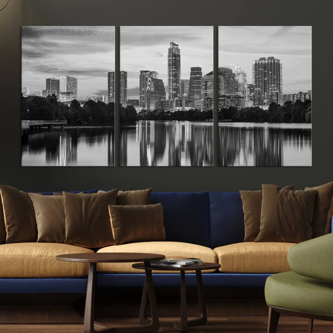 The wall in this modern living room features an "Austin City Cloudy Skyline Black and White Wall Art Cityscape Canvas Print," offering a museum-quality depiction.