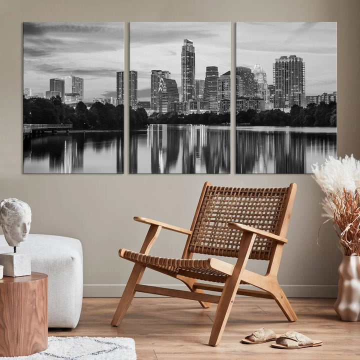 The wall in this modern living room features an "Austin City Cloudy Skyline Black and White Wall Art Cityscape Canvas Print," offering a museum-quality depiction.