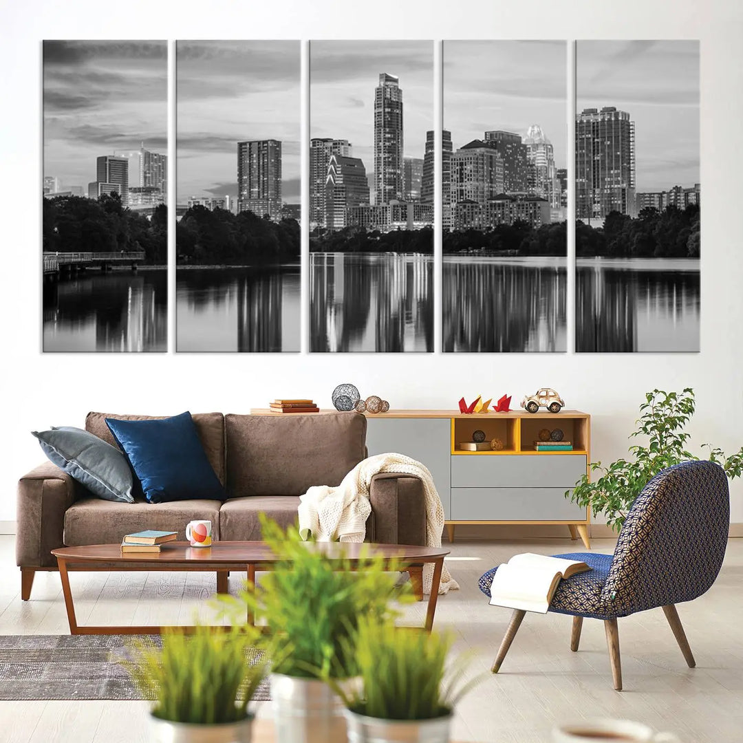 The wall in this modern living room features an "Austin City Cloudy Skyline Black and White Wall Art Cityscape Canvas Print," offering a museum-quality depiction.