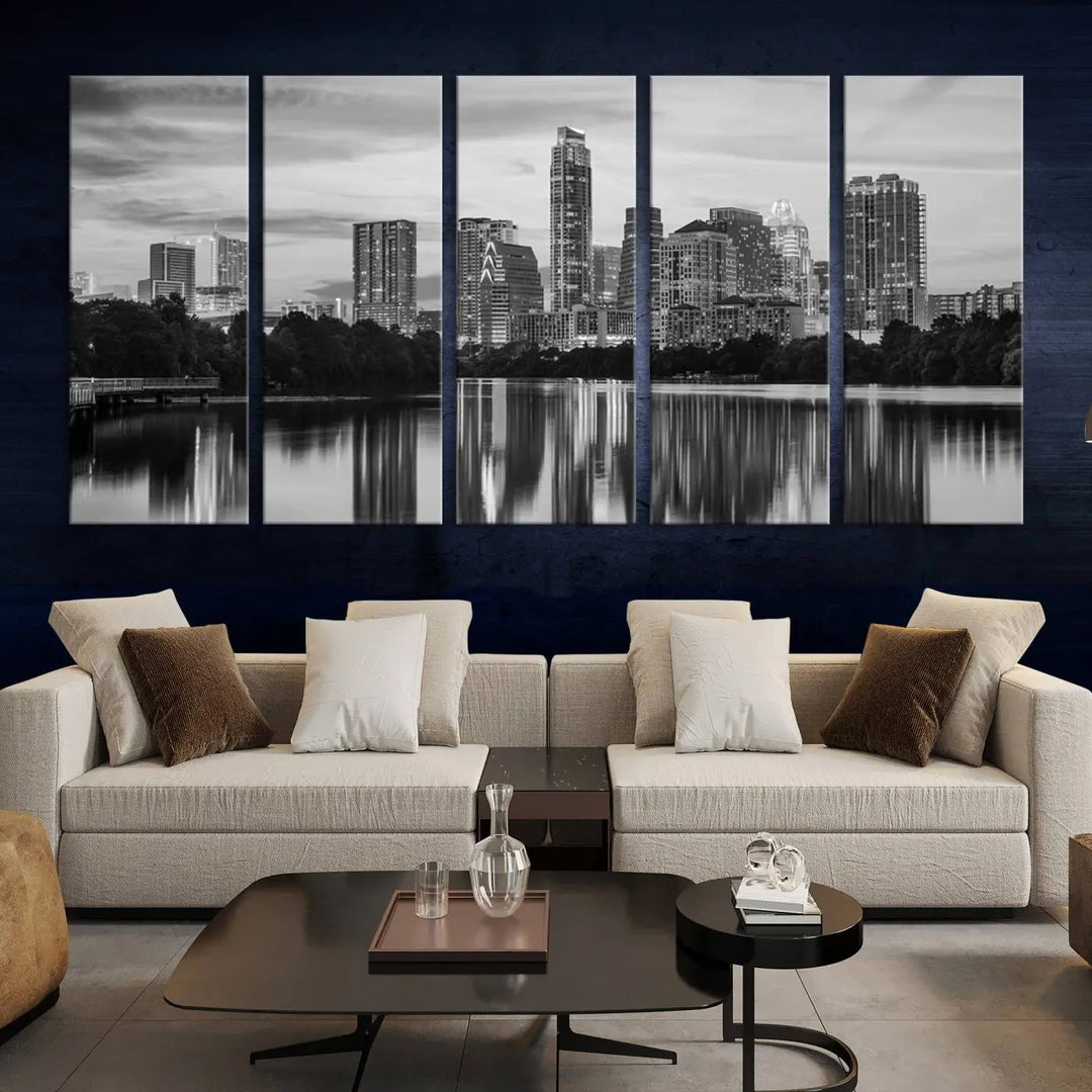 The wall in this modern living room features an "Austin City Cloudy Skyline Black and White Wall Art Cityscape Canvas Print," offering a museum-quality depiction.