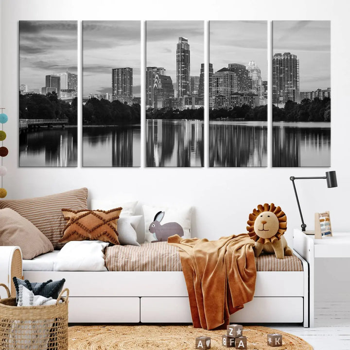 The wall in this modern living room features an "Austin City Cloudy Skyline Black and White Wall Art Cityscape Canvas Print," offering a museum-quality depiction.