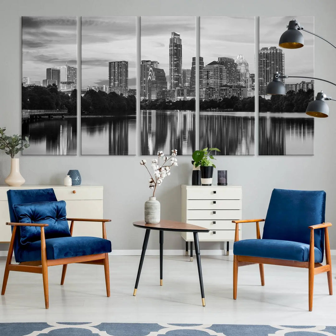 The wall in this modern living room features an "Austin City Cloudy Skyline Black and White Wall Art Cityscape Canvas Print," offering a museum-quality depiction.