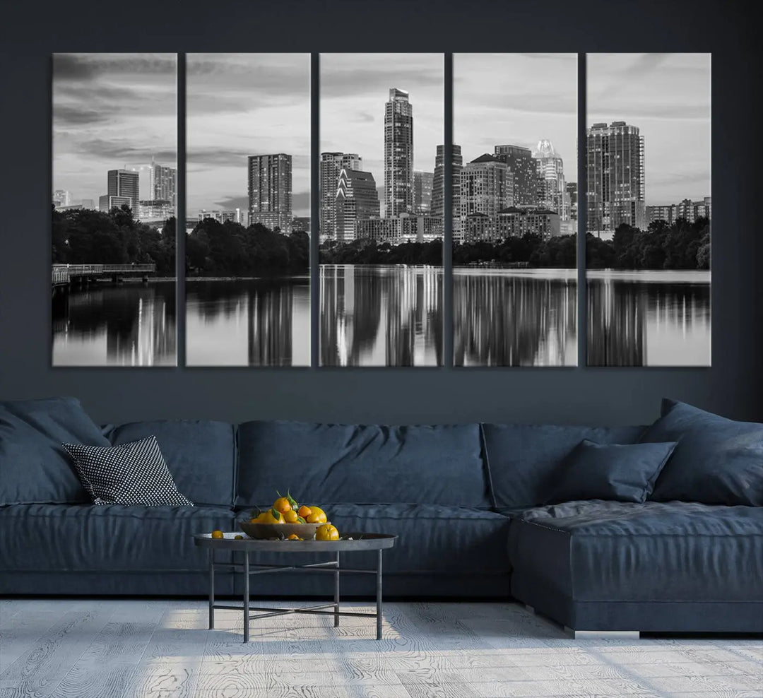 The wall in this modern living room features an "Austin City Cloudy Skyline Black and White Wall Art Cityscape Canvas Print," offering a museum-quality depiction.