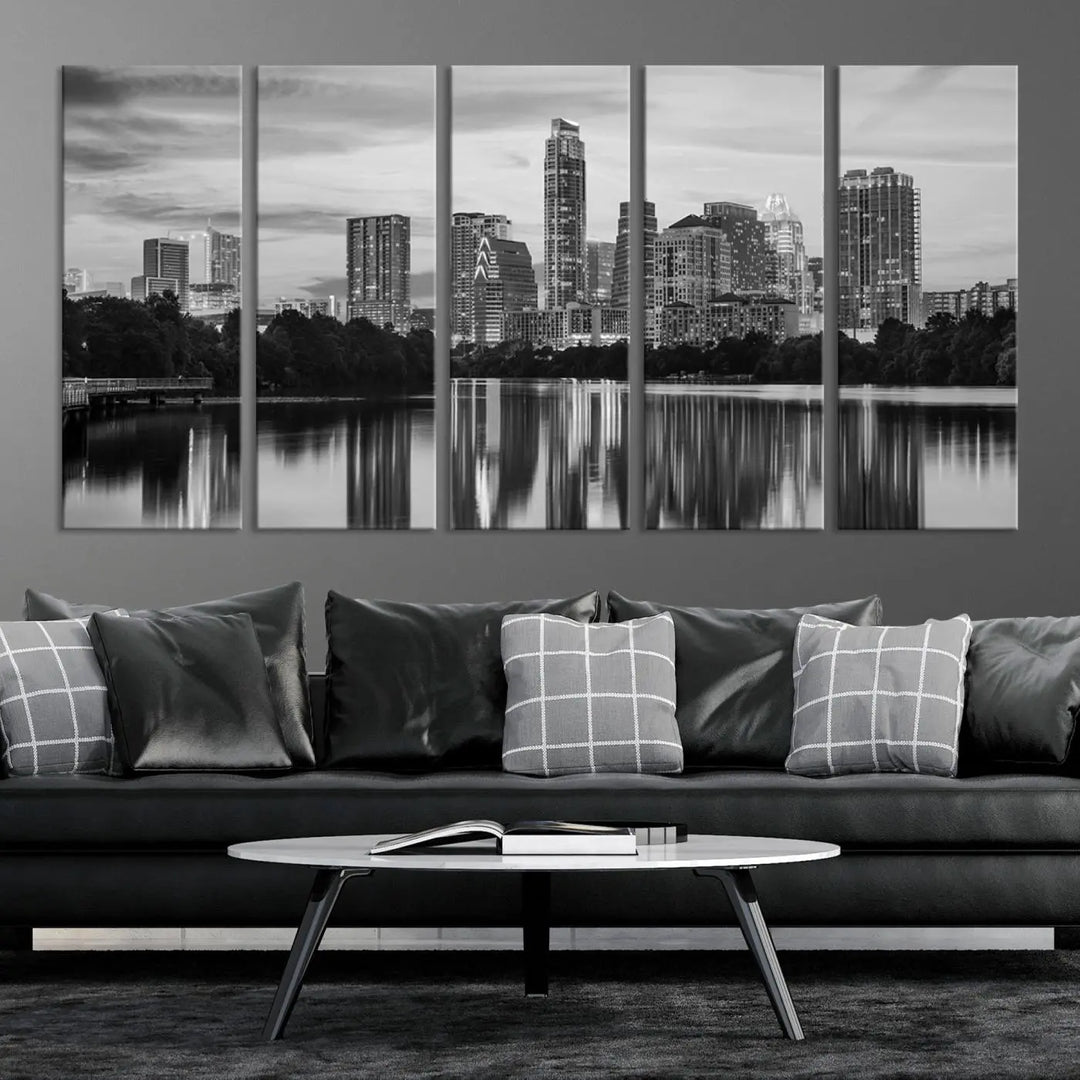 The wall in this modern living room features an "Austin City Cloudy Skyline Black and White Wall Art Cityscape Canvas Print," offering a museum-quality depiction.