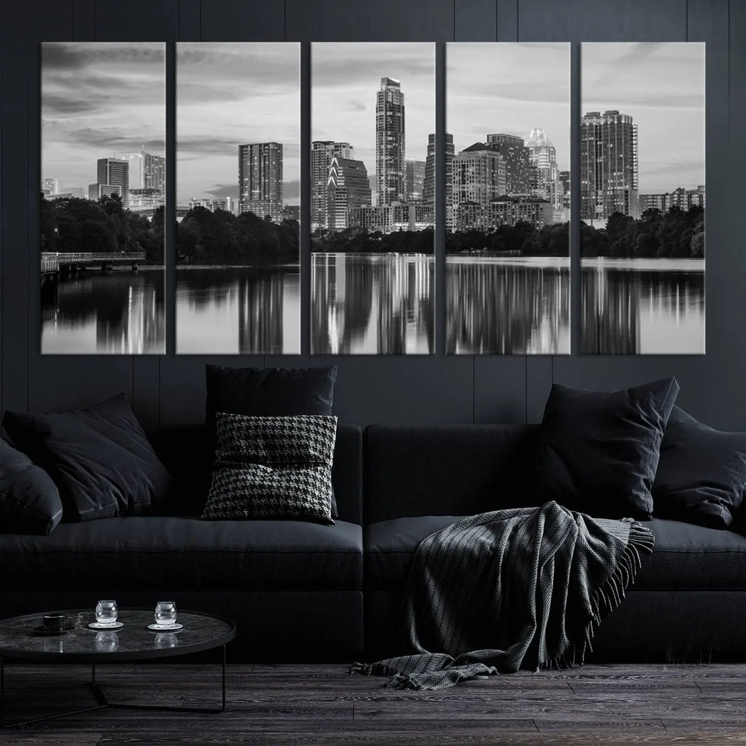 The wall in this modern living room features an "Austin City Cloudy Skyline Black and White Wall Art Cityscape Canvas Print," offering a museum-quality depiction.