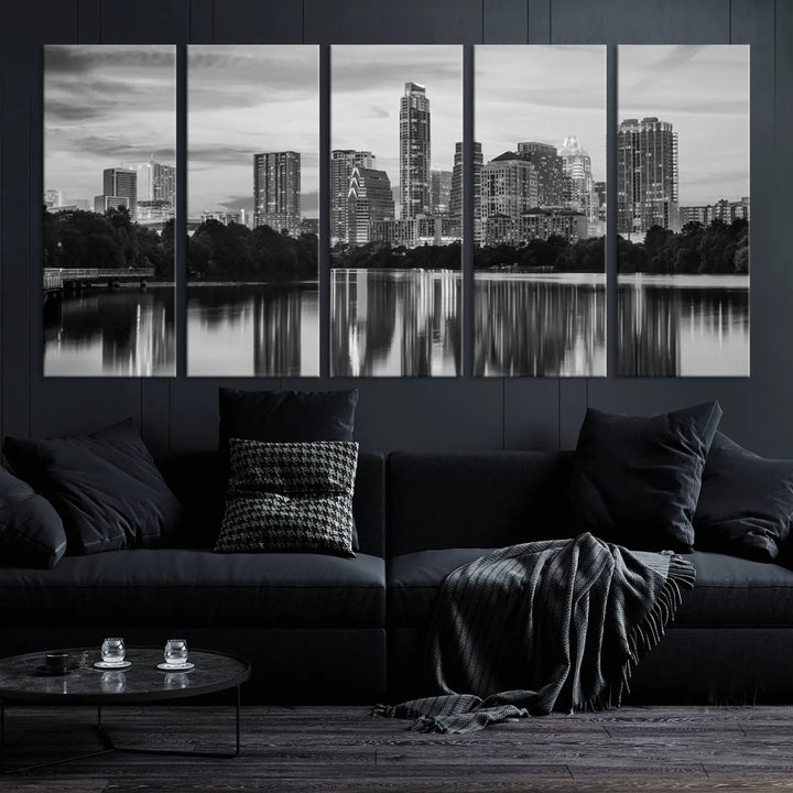 The wall in this modern living room features an "Austin City Cloudy Skyline Black and White Wall Art Cityscape Canvas Print," offering a museum-quality depiction.