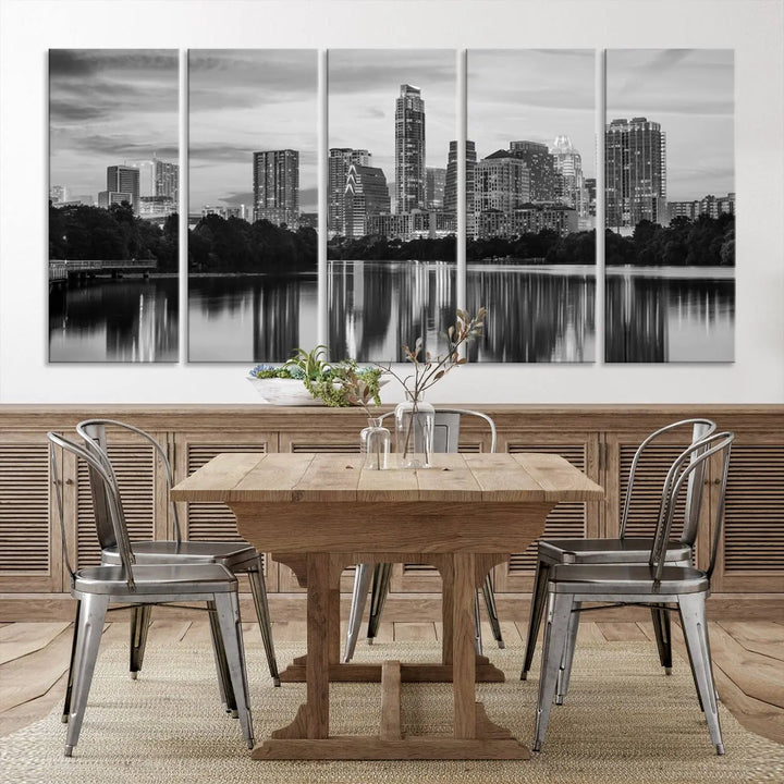 The wall in this modern living room features an "Austin City Cloudy Skyline Black and White Wall Art Cityscape Canvas Print," offering a museum-quality depiction.