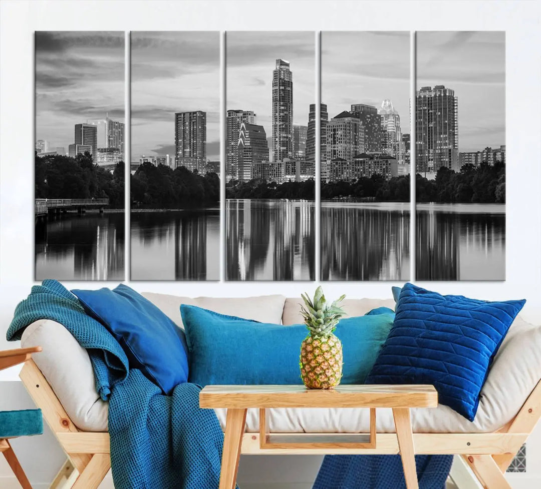 The wall in this modern living room features an "Austin City Cloudy Skyline Black and White Wall Art Cityscape Canvas Print," offering a museum-quality depiction.