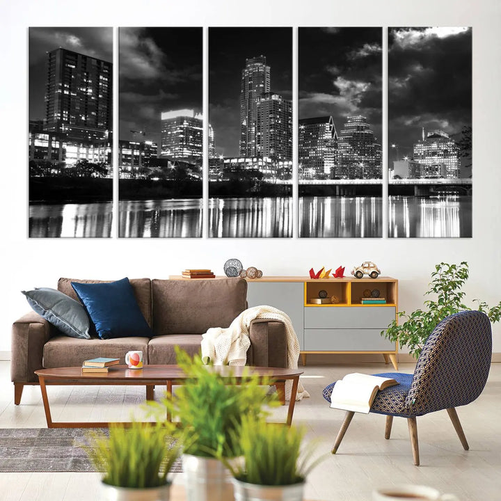 The Austin City Lights Cloudy Skyline Black and White Wall Art Cityscape Canvas Print is a large triptych that showcases illuminated city buildings reflected in water at night. This artwork is produced on museum-quality canvases with a UV-protective coating, ensuring its vibrancy and longevity for years to come.