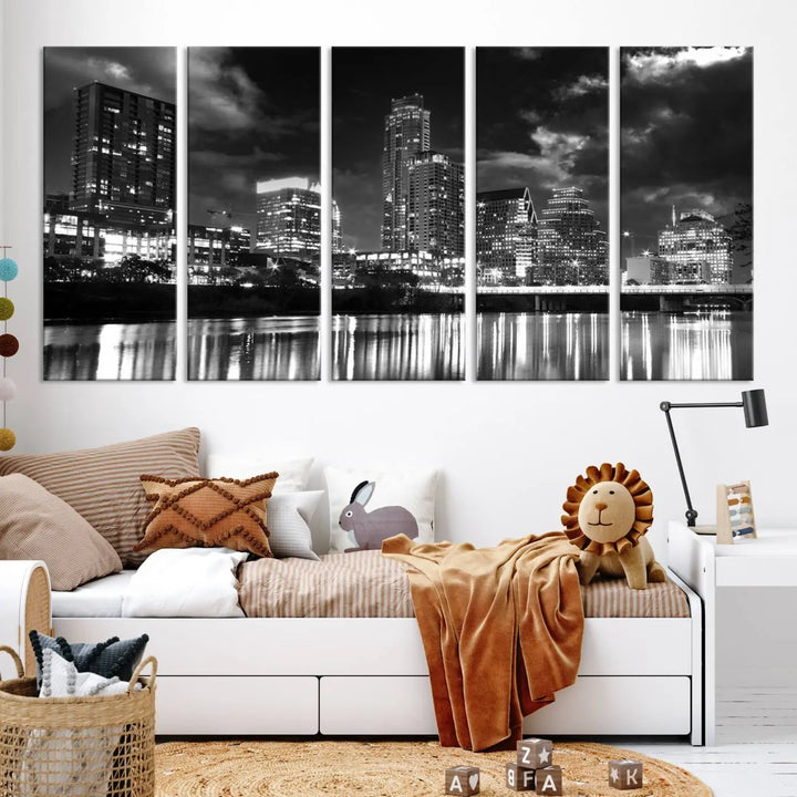 The Austin City Lights Cloudy Skyline Black and White Wall Art Cityscape Canvas Print is a large triptych that showcases illuminated city buildings reflected in water at night. This artwork is produced on museum-quality canvases with a UV-protective coating, ensuring its vibrancy and longevity for years to come.