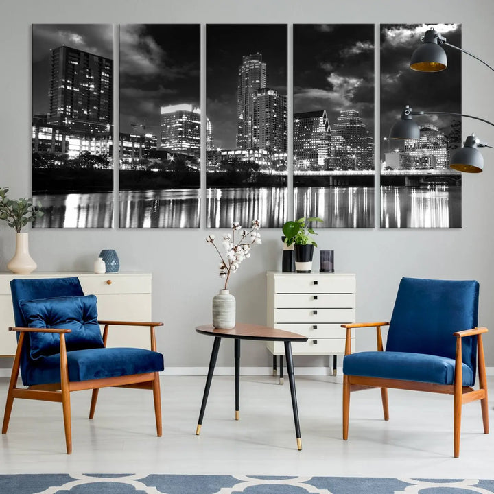 The Austin City Lights Cloudy Skyline Black and White Wall Art Cityscape Canvas Print is a large triptych that showcases illuminated city buildings reflected in water at night. This artwork is produced on museum-quality canvases with a UV-protective coating, ensuring its vibrancy and longevity for years to come.