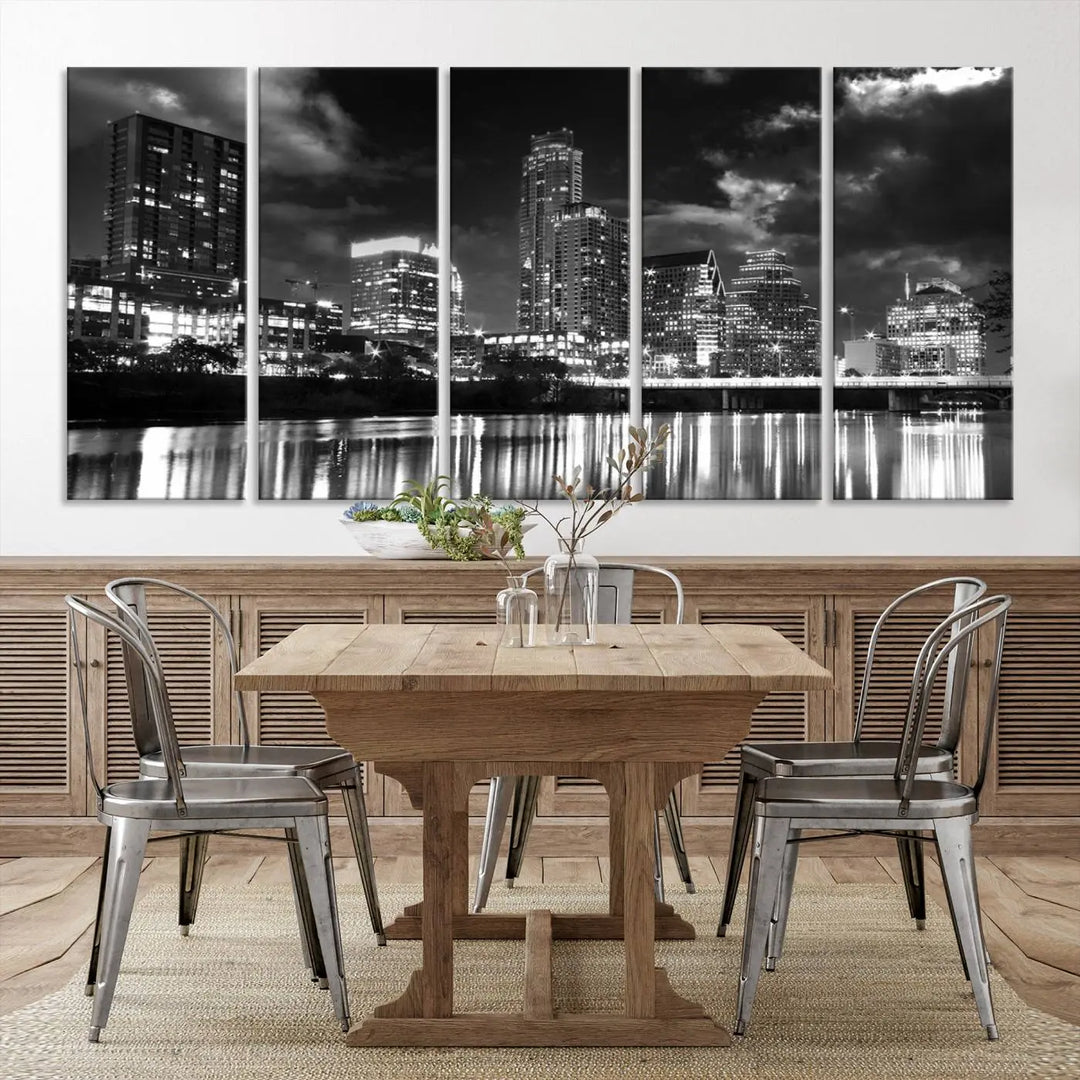 The Austin City Lights Cloudy Skyline Black and White Wall Art Cityscape Canvas Print is a large triptych that showcases illuminated city buildings reflected in water at night. This artwork is produced on museum-quality canvases with a UV-protective coating, ensuring its vibrancy and longevity for years to come.