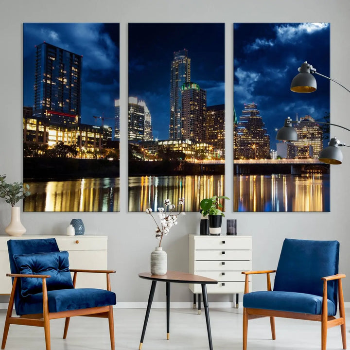 The modern living room is enhanced by the sophisticated "Austin City Lights Night Blue Cloudy Skyline Cityscape View" wall art canvas print. This piece features museum-quality craftsmanship and a UV-protective coating.