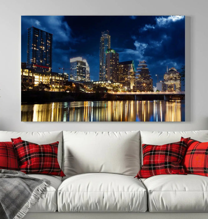 The modern living room is enhanced by the sophisticated "Austin City Lights Night Blue Cloudy Skyline Cityscape View" wall art canvas print. This piece features museum-quality craftsmanship and a UV-protective coating.