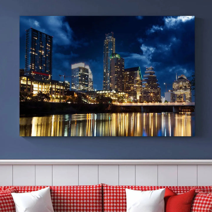 The modern living room is enhanced by the sophisticated "Austin City Lights Night Blue Cloudy Skyline Cityscape View" wall art canvas print. This piece features museum-quality craftsmanship and a UV-protective coating.