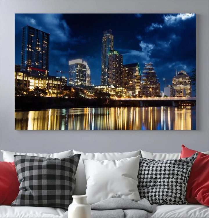 The modern living room is enhanced by the sophisticated "Austin City Lights Night Blue Cloudy Skyline Cityscape View" wall art canvas print. This piece features museum-quality craftsmanship and a UV-protective coating.