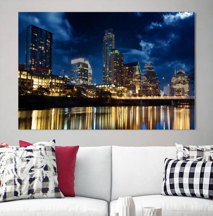 The modern living room is enhanced by the sophisticated "Austin City Lights Night Blue Cloudy Skyline Cityscape View" wall art canvas print. This piece features museum-quality craftsmanship and a UV-protective coating.