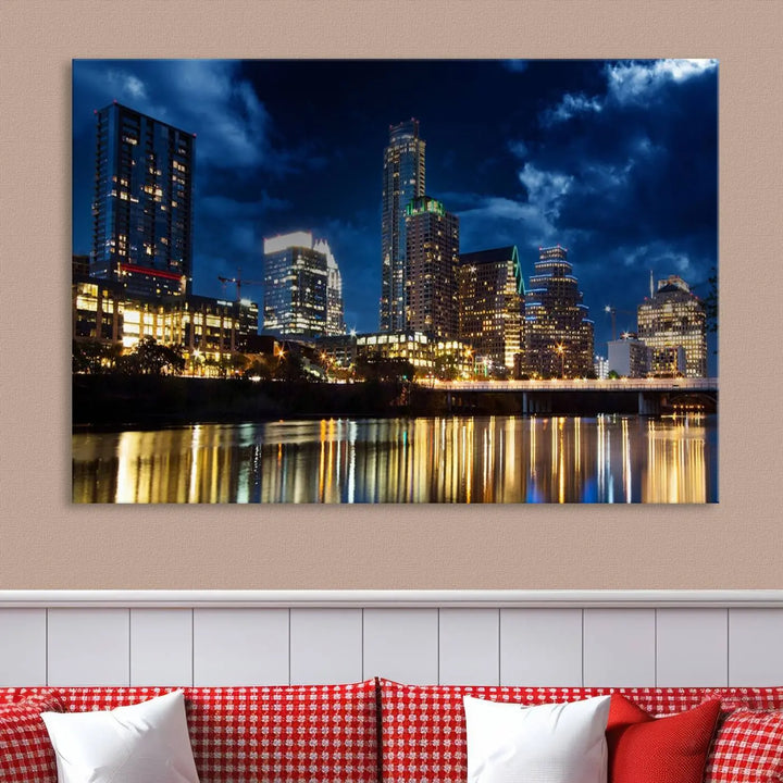 The modern living room is enhanced by the sophisticated "Austin City Lights Night Blue Cloudy Skyline Cityscape View" wall art canvas print. This piece features museum-quality craftsmanship and a UV-protective coating.