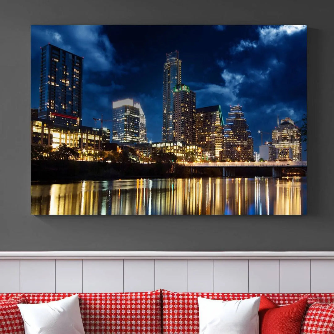 The modern living room is enhanced by the sophisticated "Austin City Lights Night Blue Cloudy Skyline Cityscape View" wall art canvas print. This piece features museum-quality craftsmanship and a UV-protective coating.