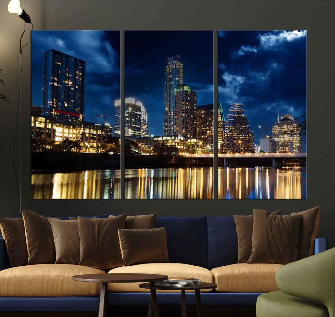 The modern living room is enhanced by the sophisticated "Austin City Lights Night Blue Cloudy Skyline Cityscape View" wall art canvas print. This piece features museum-quality craftsmanship and a UV-protective coating.