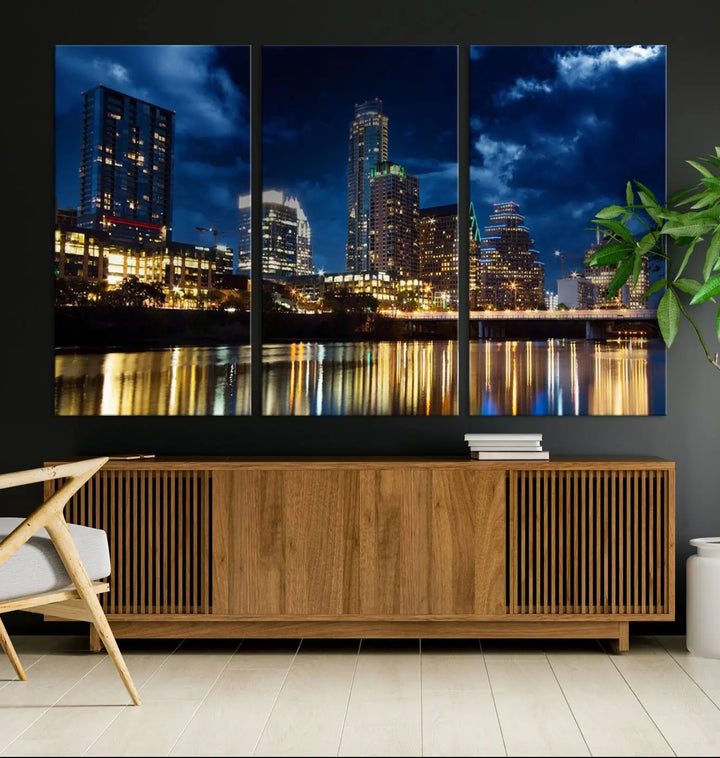 The modern living room is enhanced by the sophisticated "Austin City Lights Night Blue Cloudy Skyline Cityscape View" wall art canvas print. This piece features museum-quality craftsmanship and a UV-protective coating.