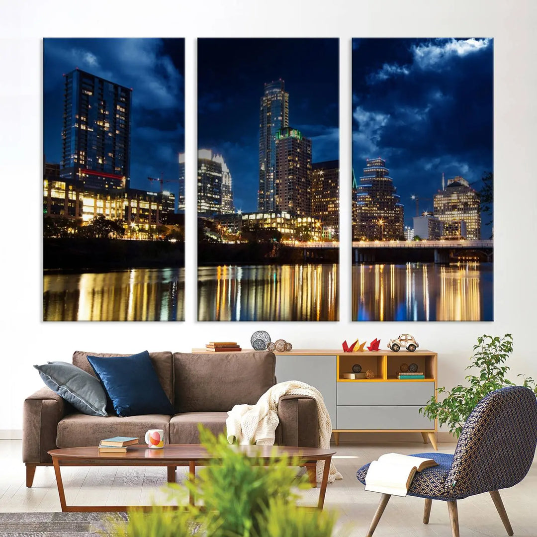 The modern living room is enhanced by the sophisticated "Austin City Lights Night Blue Cloudy Skyline Cityscape View" wall art canvas print. This piece features museum-quality craftsmanship and a UV-protective coating.