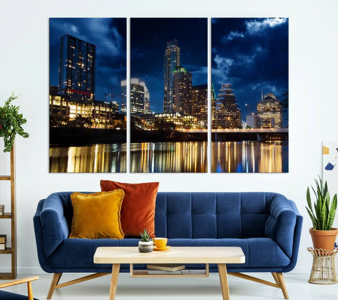 The modern living room is enhanced by the sophisticated "Austin City Lights Night Blue Cloudy Skyline Cityscape View" wall art canvas print. This piece features museum-quality craftsmanship and a UV-protective coating.