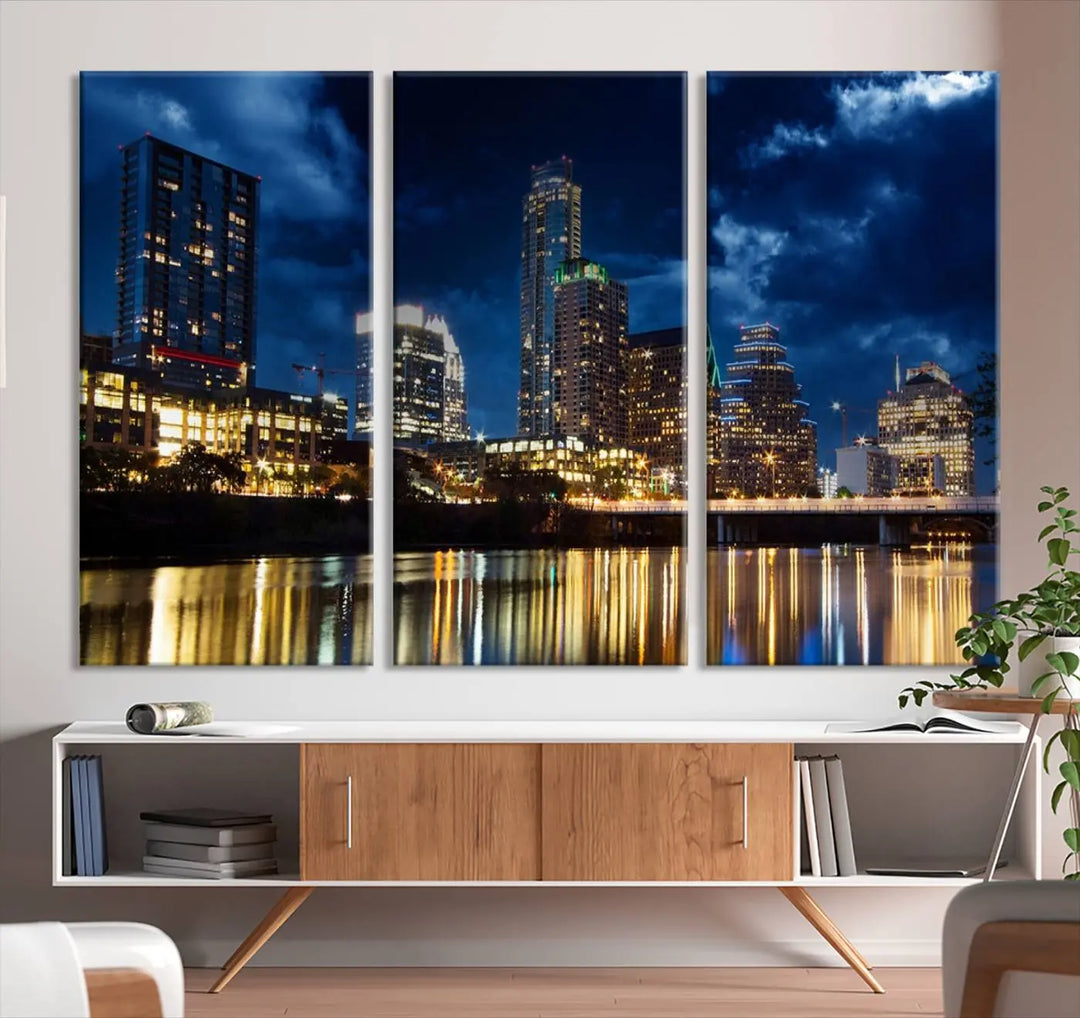 The modern living room is enhanced by the sophisticated "Austin City Lights Night Blue Cloudy Skyline Cityscape View" wall art canvas print. This piece features museum-quality craftsmanship and a UV-protective coating.