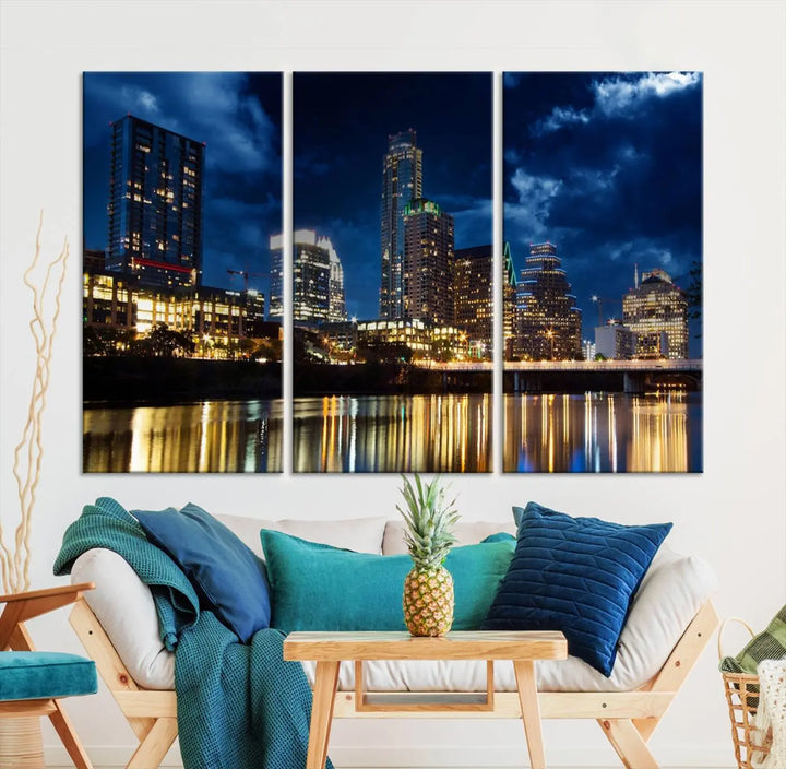 The modern living room is enhanced by the sophisticated "Austin City Lights Night Blue Cloudy Skyline Cityscape View" wall art canvas print. This piece features museum-quality craftsmanship and a UV-protective coating.